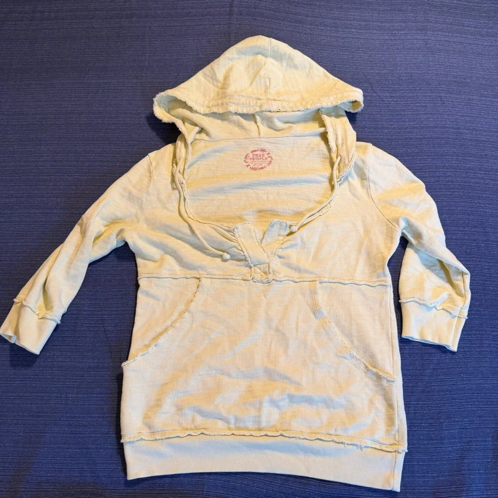 Free People Women Yellow Raw Edge V-Neck French Terry Hoodie Pullover Size M